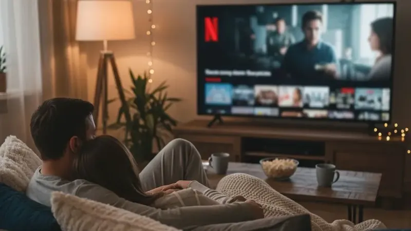 Couple watching IPTV streaming service on smart TV