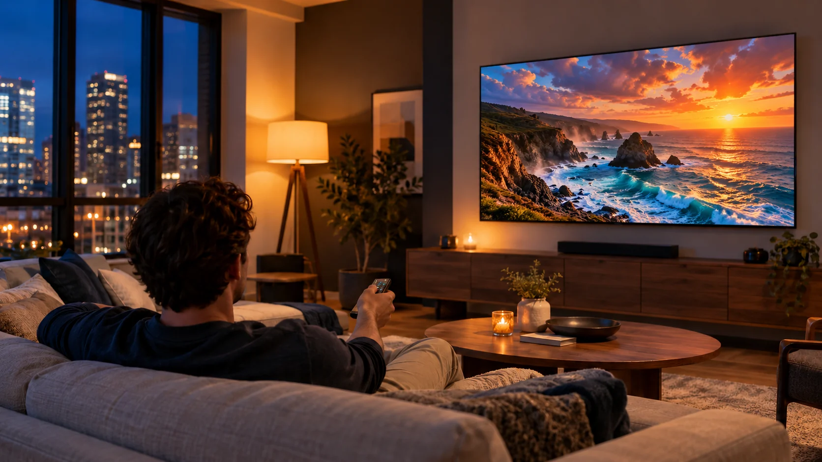 Person watching an original coastal landscape on a television in a warm living room